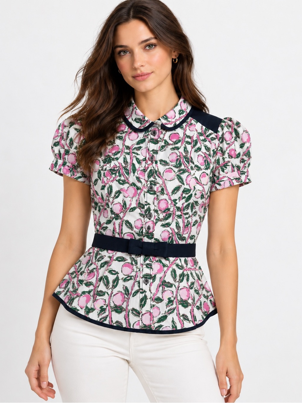 Louis Vuitton Pink Floral Puff-Sleeve Peplum Top with Black Trim